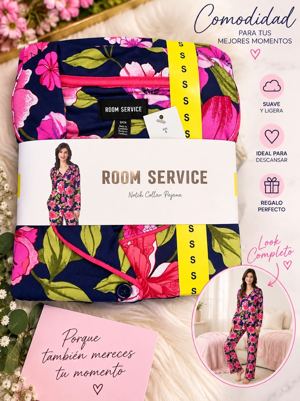 Room Service Women's Notch Collar Pajama Set in Navy with Pink & Green Floral